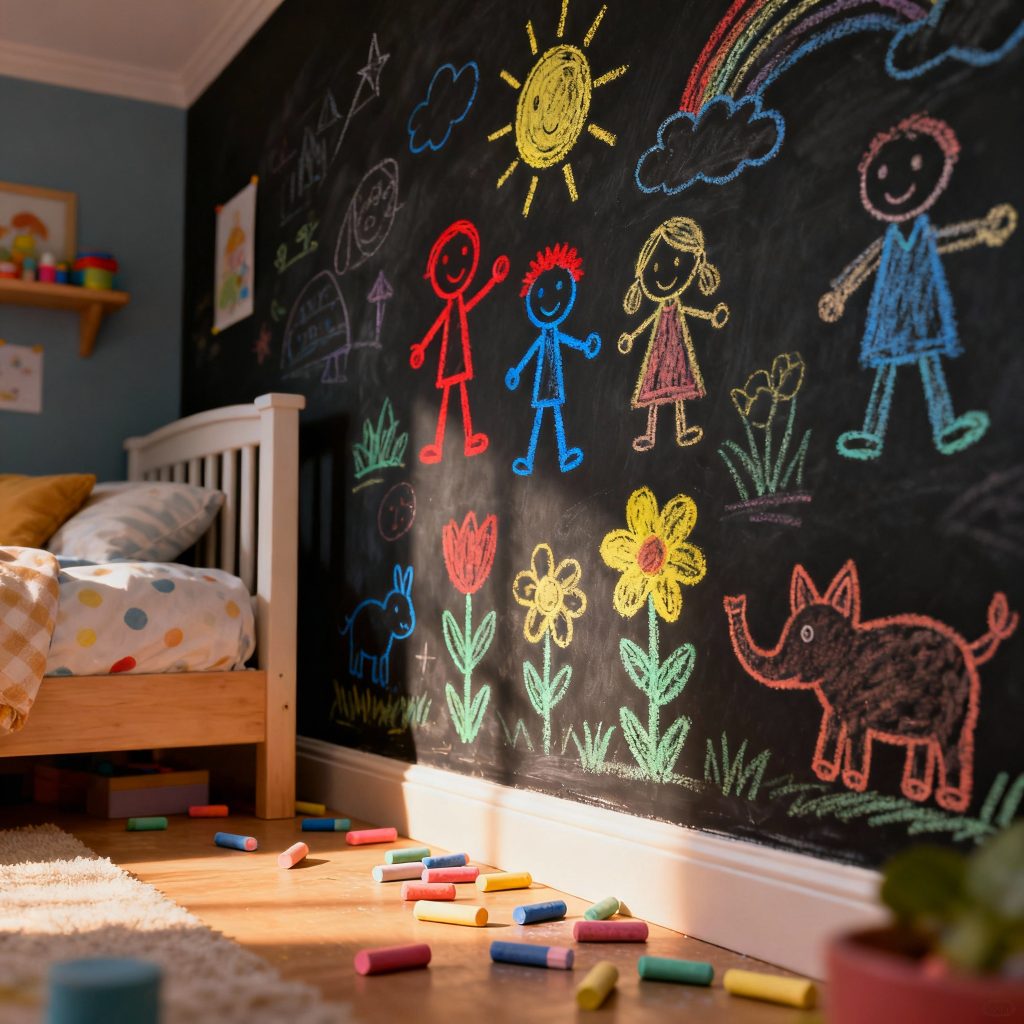 Chambre d'enfant avec mur peinture ardoise pour dessins créatifs à la craie