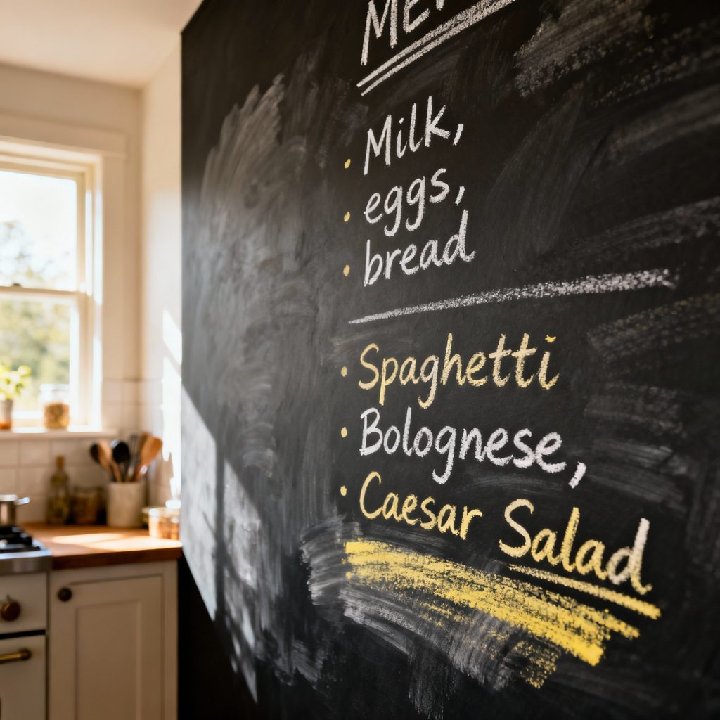 Mur de cuisine avec peinture tableau noir et notes à la craie liste courses