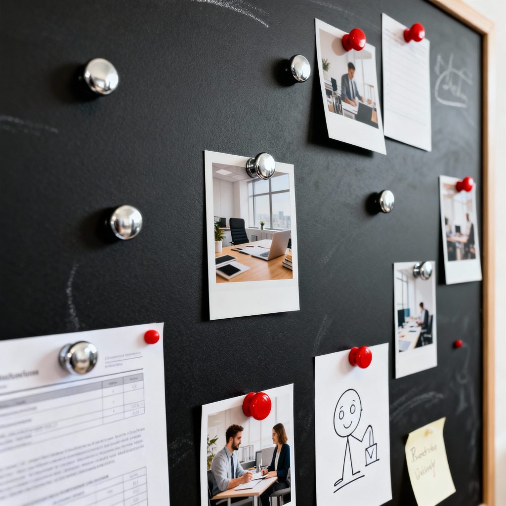 Mur tableau magnétique noir avec aimants photos et dessins accrochés fonctionnel