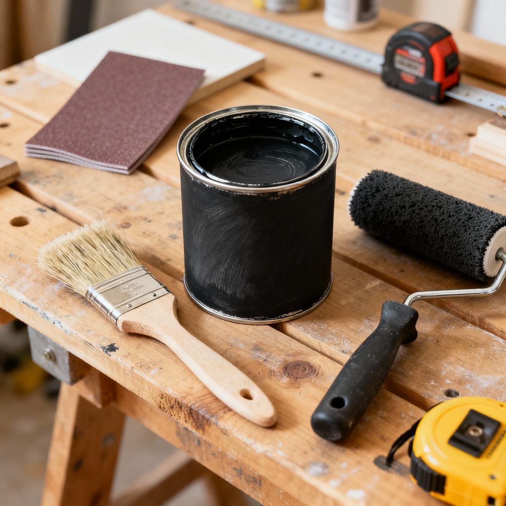 Pots de peinture tableau noir et outils d'application rouleau brosse matériel